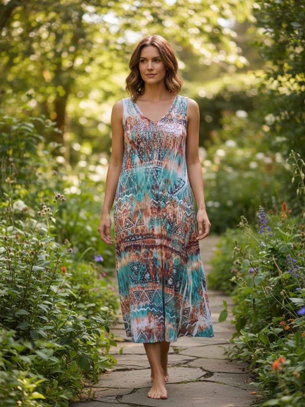 Reba Sleeveless V-Neck Maxi Dress in Teal & Brown With Gem Accents